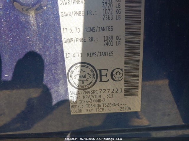12652531 :رقم المزاد ، 5N1AT2MV8KC727221 vin ، 2019 Nissan Rogue S/sl/sv مزاد بيع