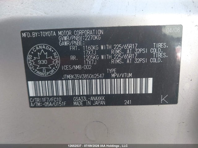 Aukcja sprzedaży 2008 Toyota Rav4, vin: JTMBK35V385062547, numer aukcji: 12652537