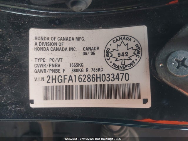 2006 Honda Civic Dx მანქანა იყიდება აუქციონზე, vin: 2HGFA16286H033470, აუქციონის ნომერი: 12652544