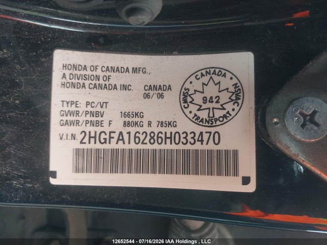 2006 Honda Civic Dx მანქანა იყიდება აუქციონზე, vin: 2HGFA16286H033470, აუქციონის ნომერი: 12652544