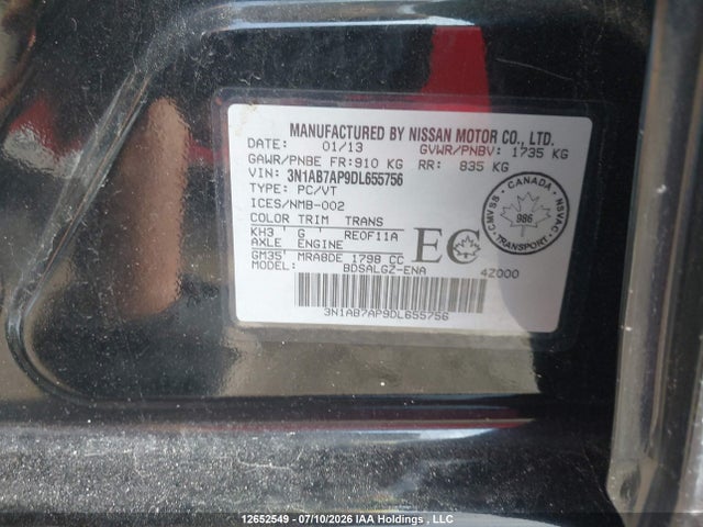 Aukcja sprzedaży 2013 Nissan Sentra, vin: 3N1AB7AP9DL655756, numer aukcji: 12652549