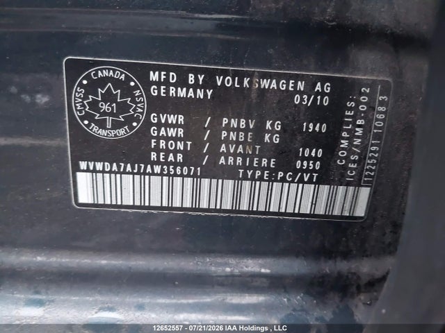 Aukcja sprzedaży 2010 Volkswagen Golf, vin: WVWDA7AJ7AW356071, numer aukcji: 12652557