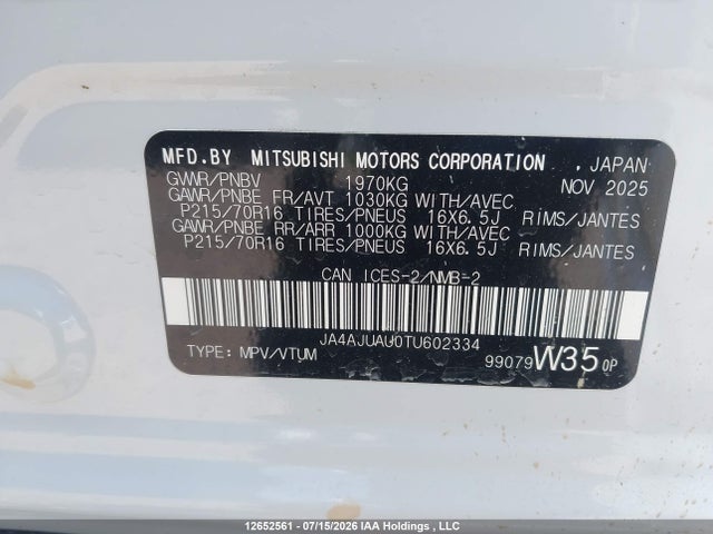 Aukcja sprzedaży 2026 Mitsubishi Rvr Es, vin: JA4AJUAU0TU602334, numer aukcji: 12652561