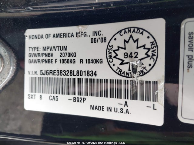 2008 Honda Cr-v Lx მანქანა იყიდება აუქციონზე, vin: 5J6RE38328L801834, აუქციონის ნომერი: 12652570