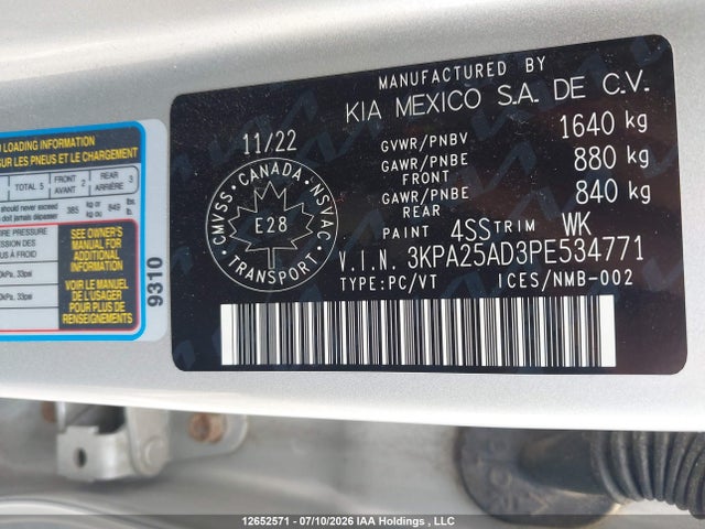 12652571 :رقم المزاد ، 3KPA25AD3PE534771 vin ، 2023 Kia Rio Lx Premium/lx+ مزاد بيع
