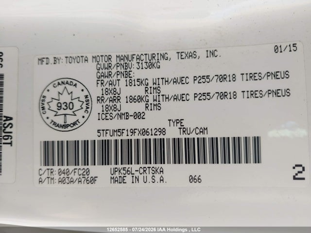 12652585 :رقم المزاد ، 5TFUM5F19FX061298 vin ، 2015 Toyota Tundra Sr 4.6l V8 مزاد بيع