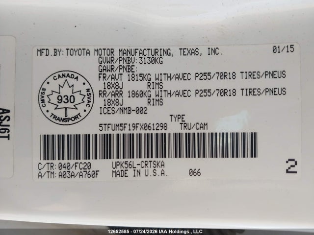 12652585 :رقم المزاد ، 5TFUM5F19FX061298 vin ، 2015 Toyota Tundra Sr 4.6l V8 مزاد بيع