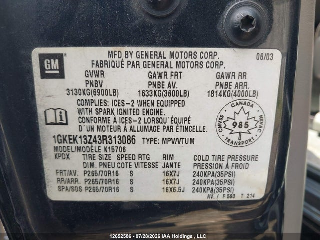 Продажа на аукционе авто 2003 Gmc Yukon Sle/slt, vin: 1GKEK13Z43R313086, номер лота: 12652586
