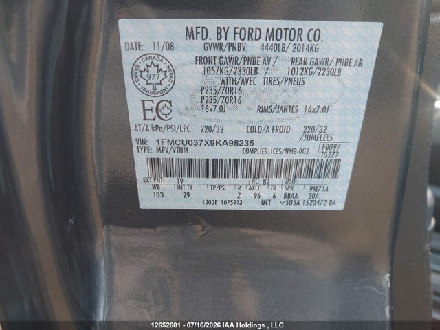 12652601 :رقم المزاد ، 1FMCU037X9KA98235 vin ، 2009 Ford Escape Xlt مزاد بيع