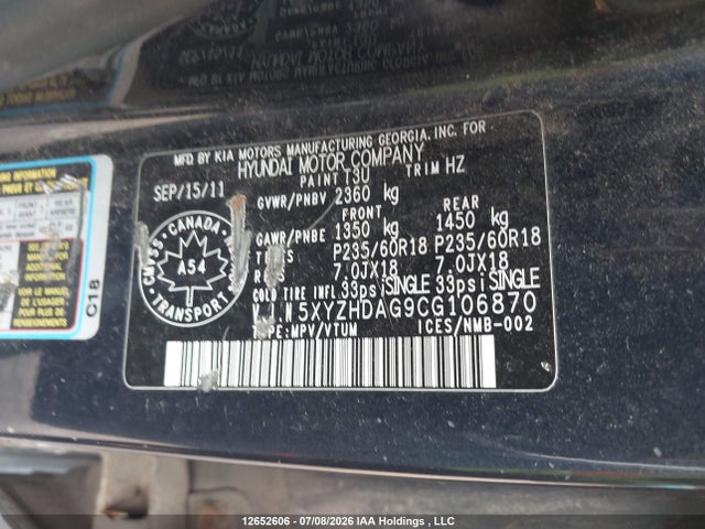 Продаж на аукціоні авто 2012 Hyundai Santa Fe Se, vin: 5XYZHDAG9CG106870, номер лоту: 12652606