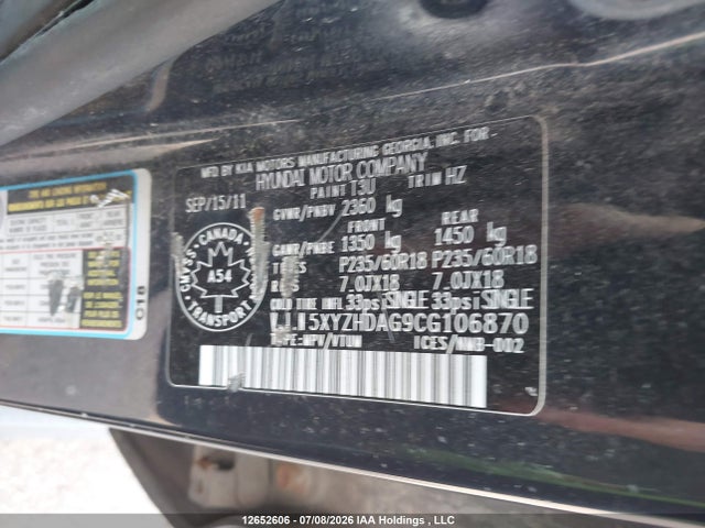 Продаж на аукціоні авто 2012 Hyundai Santa Fe Se, vin: 5XYZHDAG9CG106870, номер лоту: 12652606
