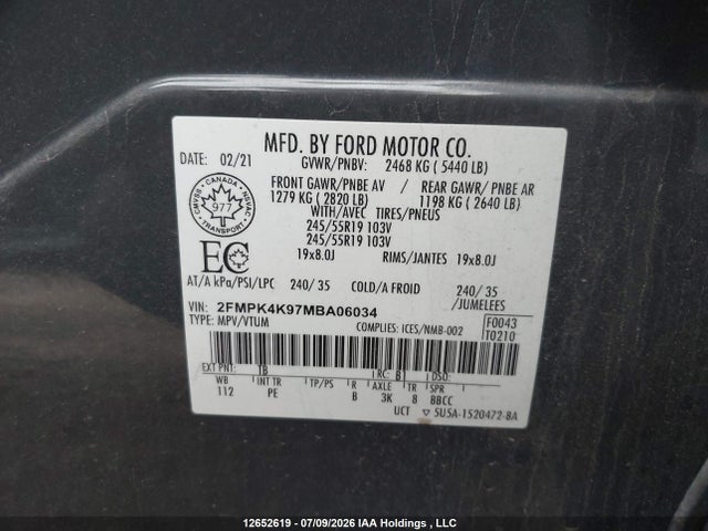 Ford Edge 2021 2FMPK4K97MBA06034 Image 9