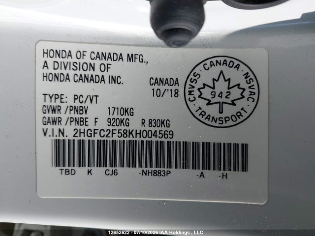 Honda Civic Lx 2019 2HGFC2F58KH004569 Image 18