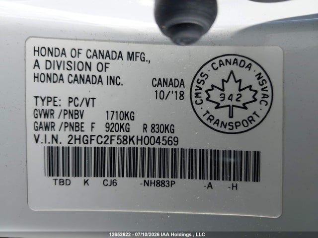 Honda Civic Lx 2019 2HGFC2F58KH004569 Image 9