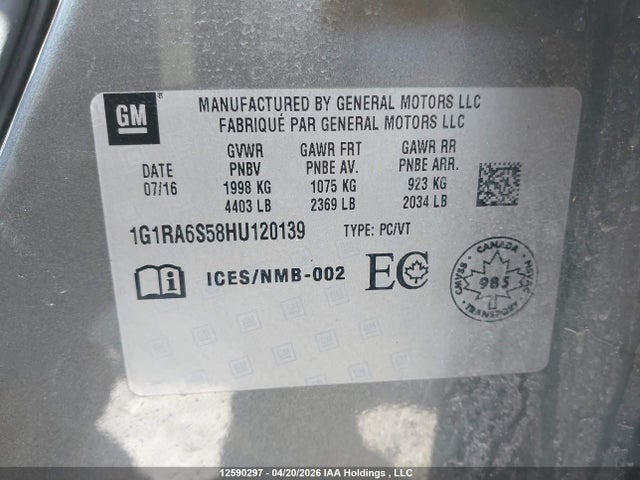 2017 Chevrolet Volt Lt მანქანა იყიდება აუქციონზე, vin: 1G1RA6S58HU120139, აუქციონის ნომერი: 12590297