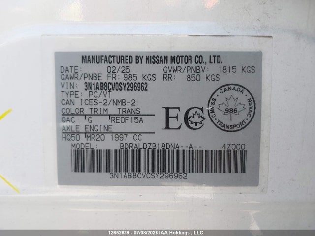 Nissan SENTRA SV 2025 3N1AB8CV0SY296962 Image 9