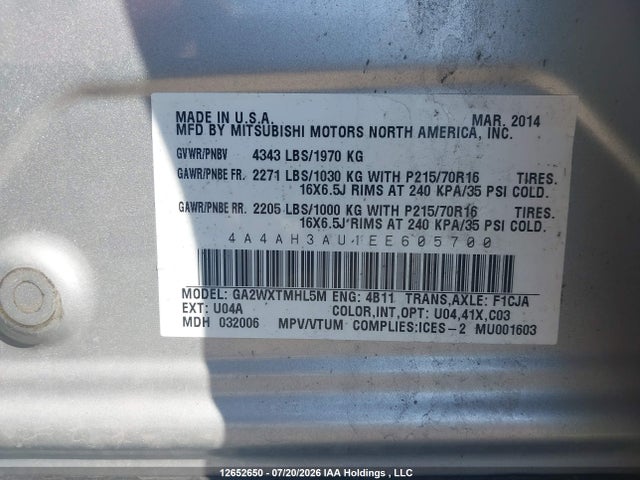 Продаж на аукціоні авто 2014 Mitsubishi Rvr Se, vin: 4A4AH3AU1EE605700, номер лоту: 12652650
