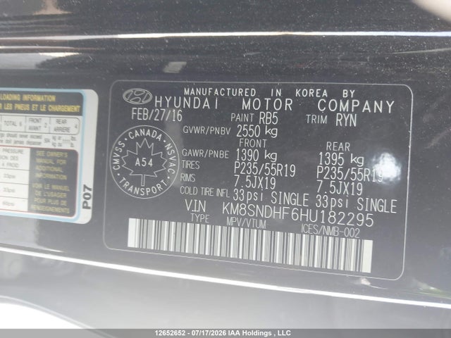 Продажа на аукционе авто 2017 Hyundai Santa Fe Se/limited, vin: KM8SNDHF6HU182295, номер лота: 12652652