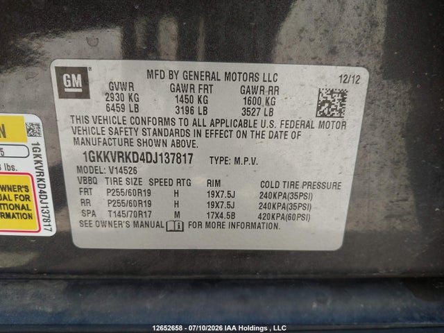 Aukcja sprzedaży 2013 Gmc Acadia Slt-1, vin: 1GKKVRKD4DJ137817, numer aukcji: 12652658