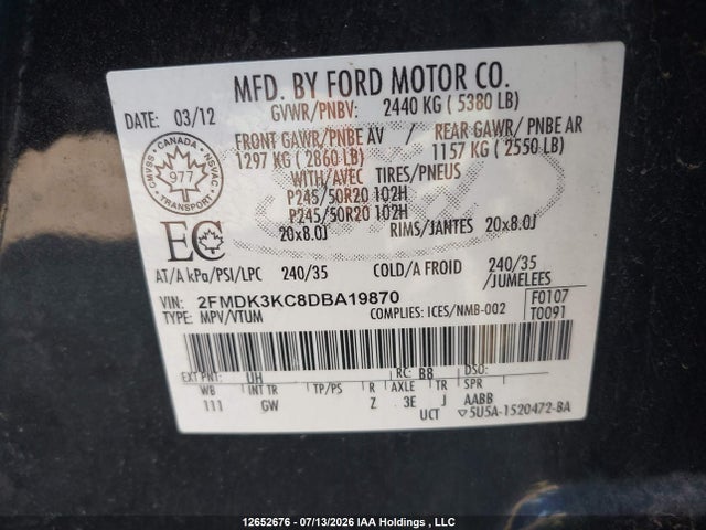 2013 Ford Edge Limited მანქანა იყიდება აუქციონზე, vin: 2FMDK3KC8DBA19870, აუქციონის ნომერი: 12652676