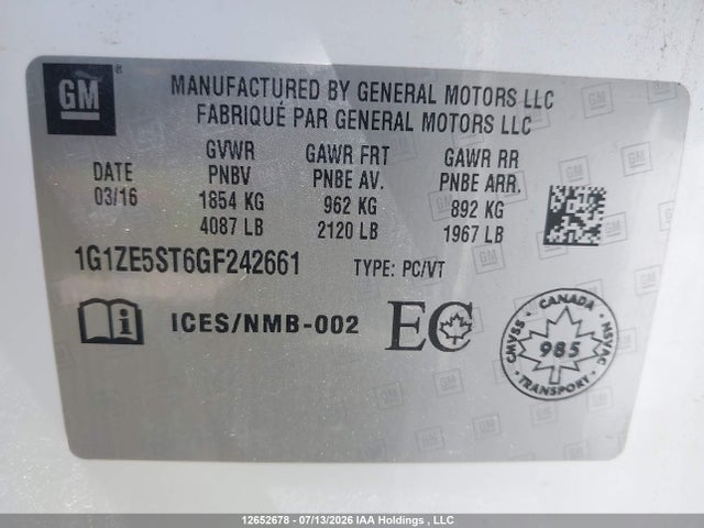 12652678 :رقم المزاد ، 1G1ZE5ST6GF242661 vin ، 2016 Chevrolet Malibu Lt مزاد بيع
