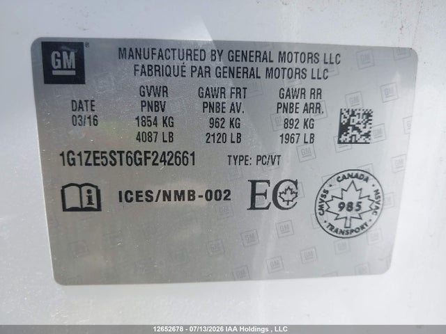 12652678 :رقم المزاد ، 1G1ZE5ST6GF242661 vin ، 2016 Chevrolet Malibu Lt مزاد بيع