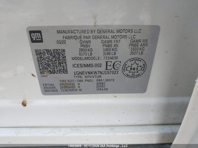 Продаж на аукціоні авто 2022 Chevrolet Traverse, vin: 1GNEVNKW7NJ157023, номер лоту: 12652685