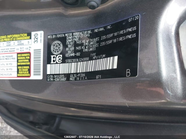 Продаж на аукціоні авто 2020 Toyota Sienna Xle/xle Premium/limited/limited Premium, vin: 5TDDZ3DC8LS249998, номер лоту: 12652687