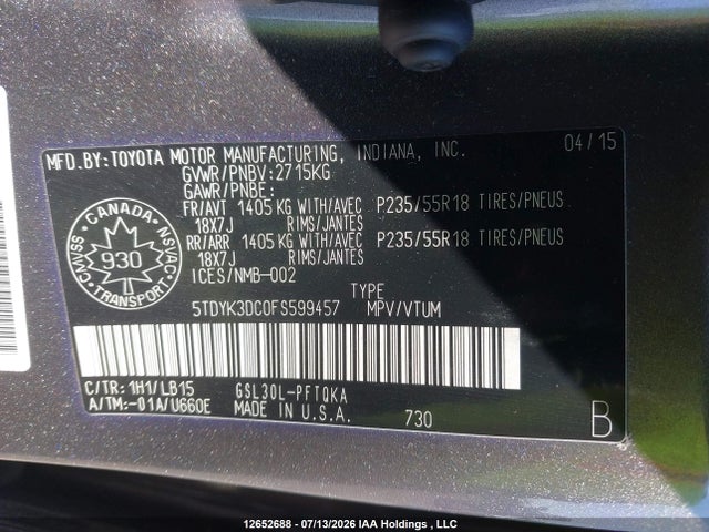 12652688 :رقم المزاد ، 5TDYK3DC0FS599457 vin ، 2015 Toyota Sienna Limited 7-passenger مزاد بيع