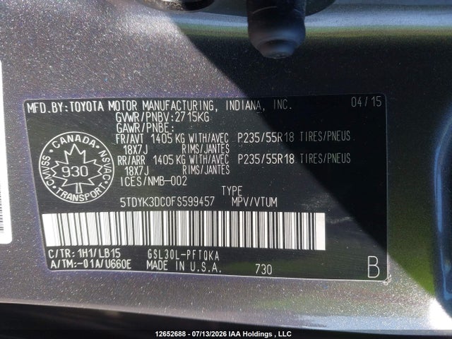 12652688 :رقم المزاد ، 5TDYK3DC0FS599457 vin ، 2015 Toyota Sienna Limited 7-passenger مزاد بيع