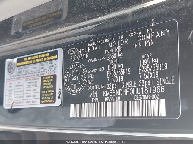 2017 Hyundai Santa Fe Xl მანქანა იყიდება აუქციონზე, vin: KM8SNDHF0HU181966, აუქციონის ნომერი: 12652690
