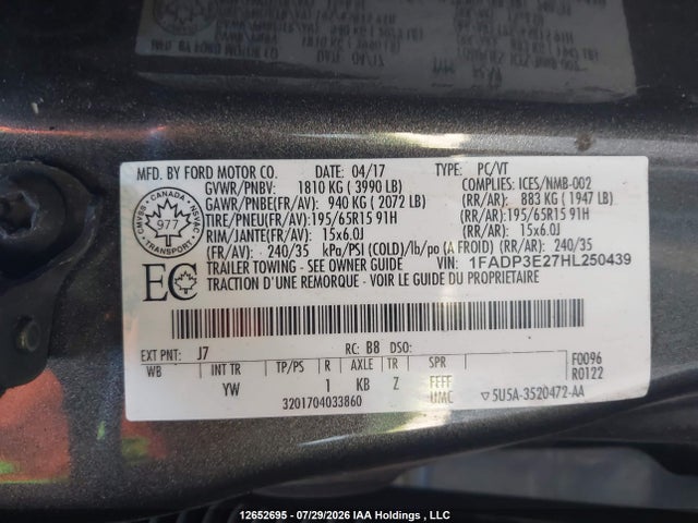 2017 Ford Focus S მანქანა იყიდება აუქციონზე, vin: 1FADP3E27HL250439, აუქციონის ნომერი: 12652695
