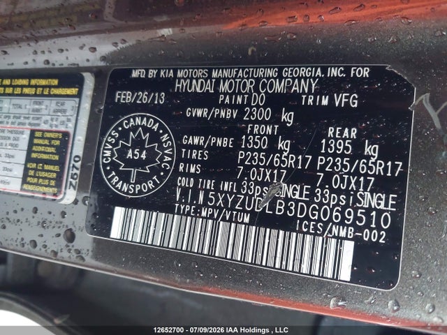 12652700 :رقم المزاد ، 5XYZUDLB3DG069510 vin ، 2013 Hyundai Santa Fe Sport مزاد بيع