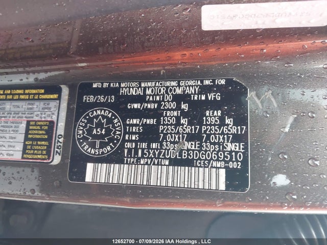 12652700 :رقم المزاد ، 5XYZUDLB3DG069510 vin ، 2013 Hyundai Santa Fe Sport مزاد بيع