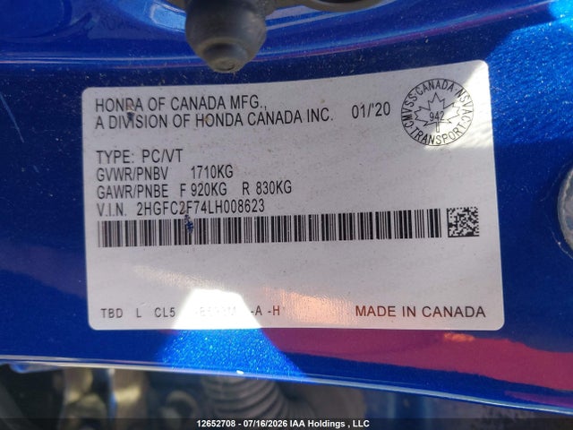Auction sale of the 2020 Honda Civic Ex, vin: 2HGFC2F74LH008623, lot number: 12652708