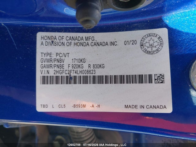 Honda CIVIC EX 2020 2HGFC2F74LH008623 Image 9