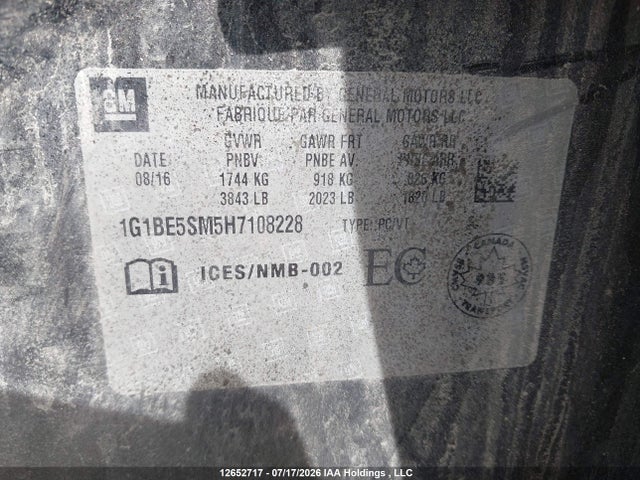 Продажа на аукционе авто 2017 Chevrolet Cruze Lt, vin: 1G1BE5SM5H7108228, номер лота: 12652717