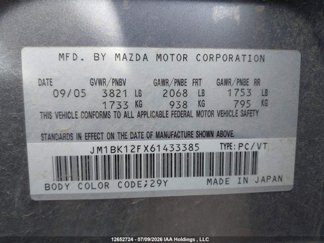 12652724 :رقم المزاد ، JM1BK12FX61433385 vin ، 2006 Mazda 3 I مزاد بيع