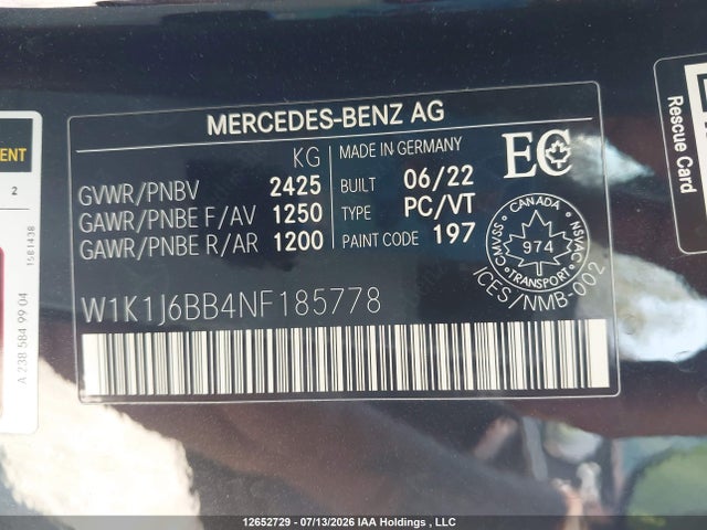 12652729 :رقم المزاد ، W1K1J6BB4NF185778 vin ، 2022 Mercedes-benz Amg E 53 4maitc مزاد بيع