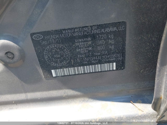 12652731 :رقم المزاد ، 5NPDH4AE1CH108761 vin ، 2012 Hyundai Elantra Gls/limited مزاد بيع