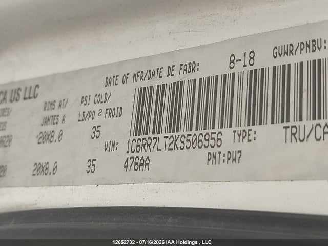 Aukcja sprzedaży 2019 Ram 1500 Classic Slt, vin: 1C6RR7LT2KS506956, numer aukcji: 12652732