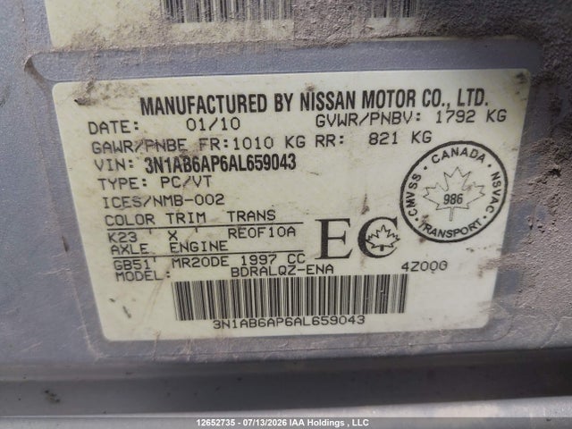 Aukcja sprzedaży 2010 Nissan Sentra, vin: 3N1AB6AP6AL659043, numer aukcji: 12652735