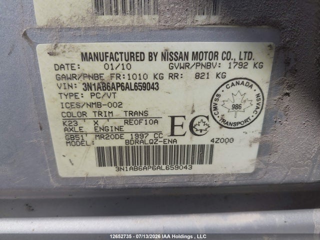 Aukcja sprzedaży 2010 Nissan Sentra, vin: 3N1AB6AP6AL659043, numer aukcji: 12652735