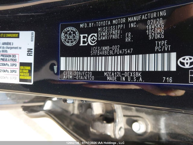 Toyota COROLLA SE 2020 5YFB4RBE9LP047547 Image 9