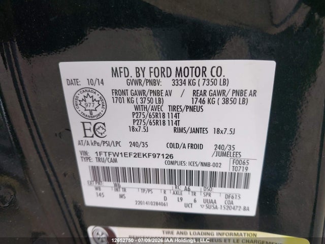 12652750 :رقم المزاد ، 1FTFW1EF2EKF97126 vin ، 2014 Ford F150 Supercrew مزاد بيع