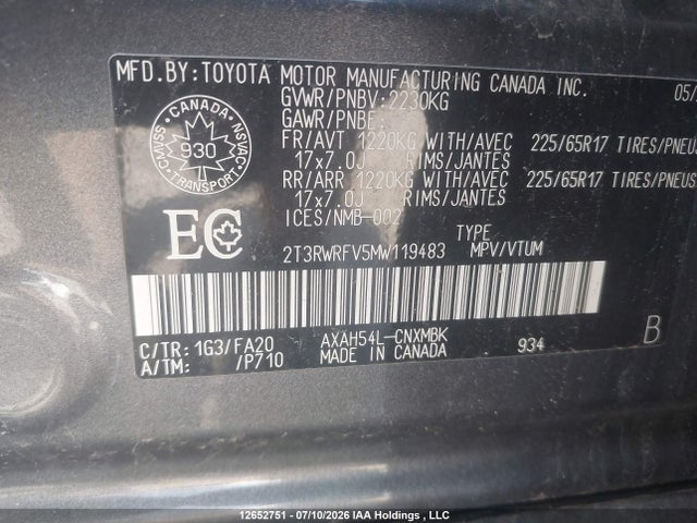 2T3RWRFV5MW119483 Toyota Rav4 Hybrid Xle