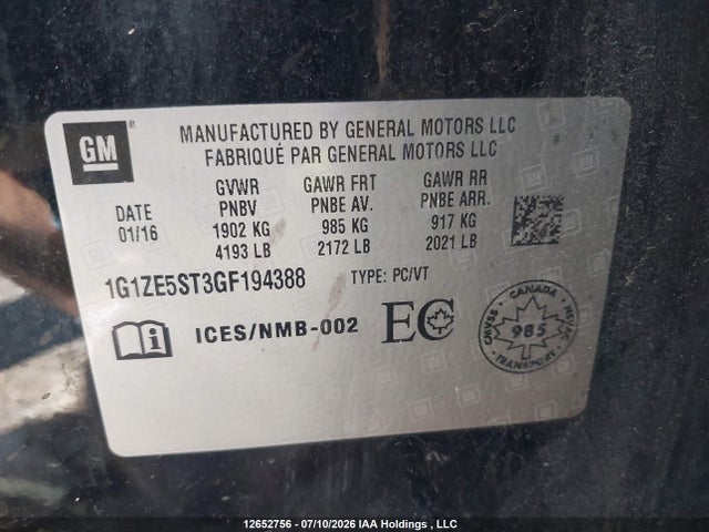 Продажа на аукционе авто 2016 Chevrolet Malibu Lt, vin: 1G1ZE5ST3GF194388, номер лота: 12652756