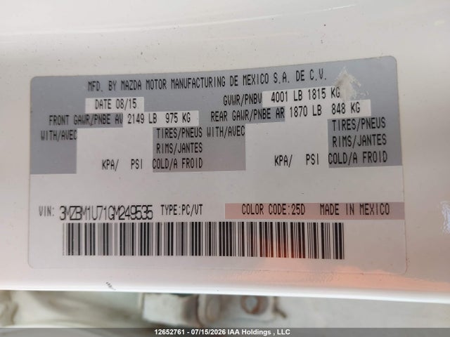 Aukcja sprzedaży 2016 Mazda 3, vin: 3MZBM1U71GM249535, numer aukcji: 12652761