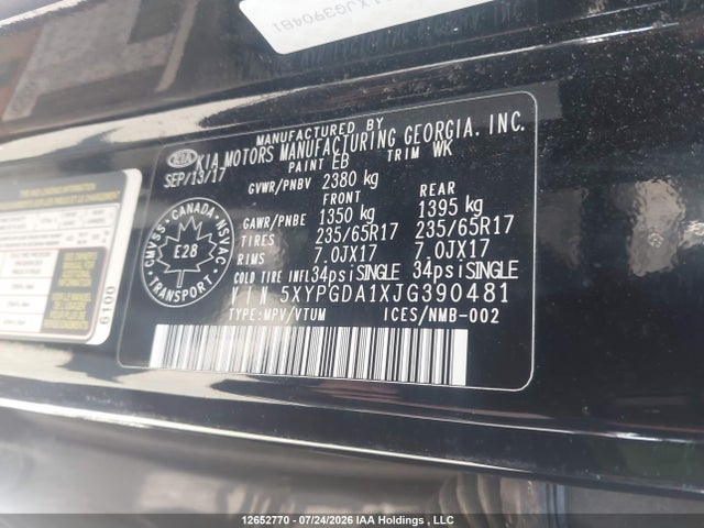 Aukcja sprzedaży 2018 Kia Sorento 2.0l Lx, vin: 5XYPGDA1XJG390481, numer aukcji: 12652770