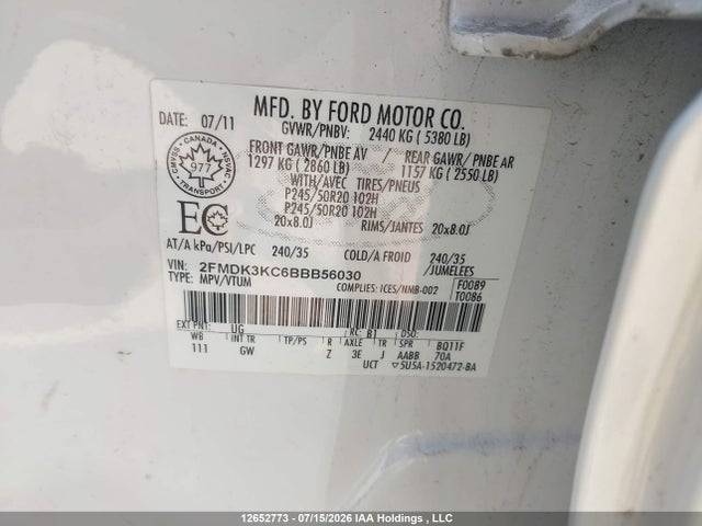 Продаж на аукціоні авто 2011 Ford Edge Limited, vin: 2FMDK3KC6BBB56030, номер лоту: 12652773